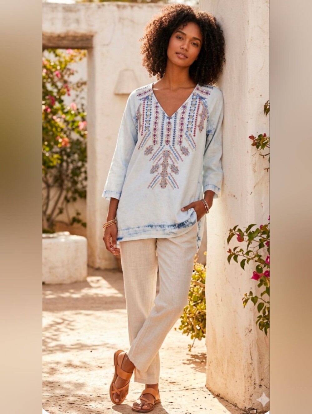 Reba Boho Embroidered Acid Wash Denim Tunic Blouse Top Size M